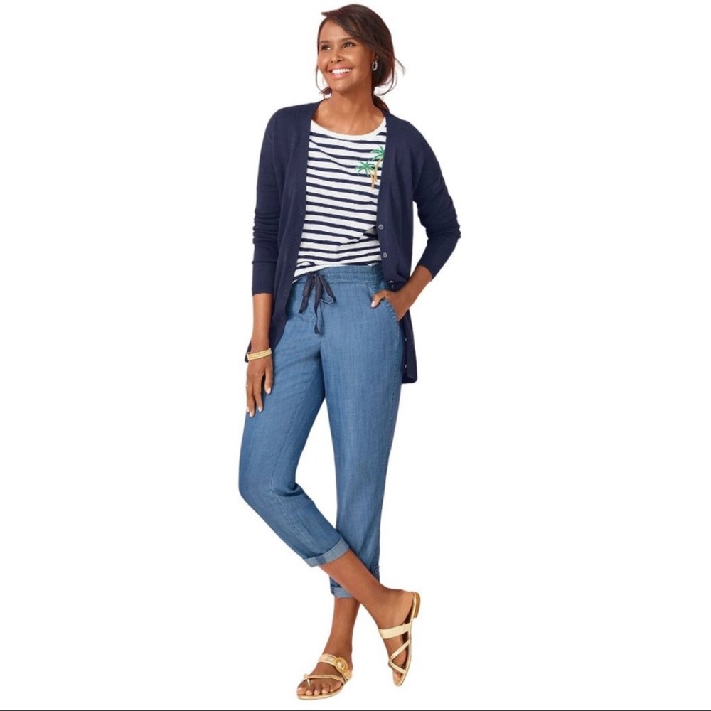 Talbots Women 12P Chambray Pants Summer Twill Slim Leg Rolled Hem